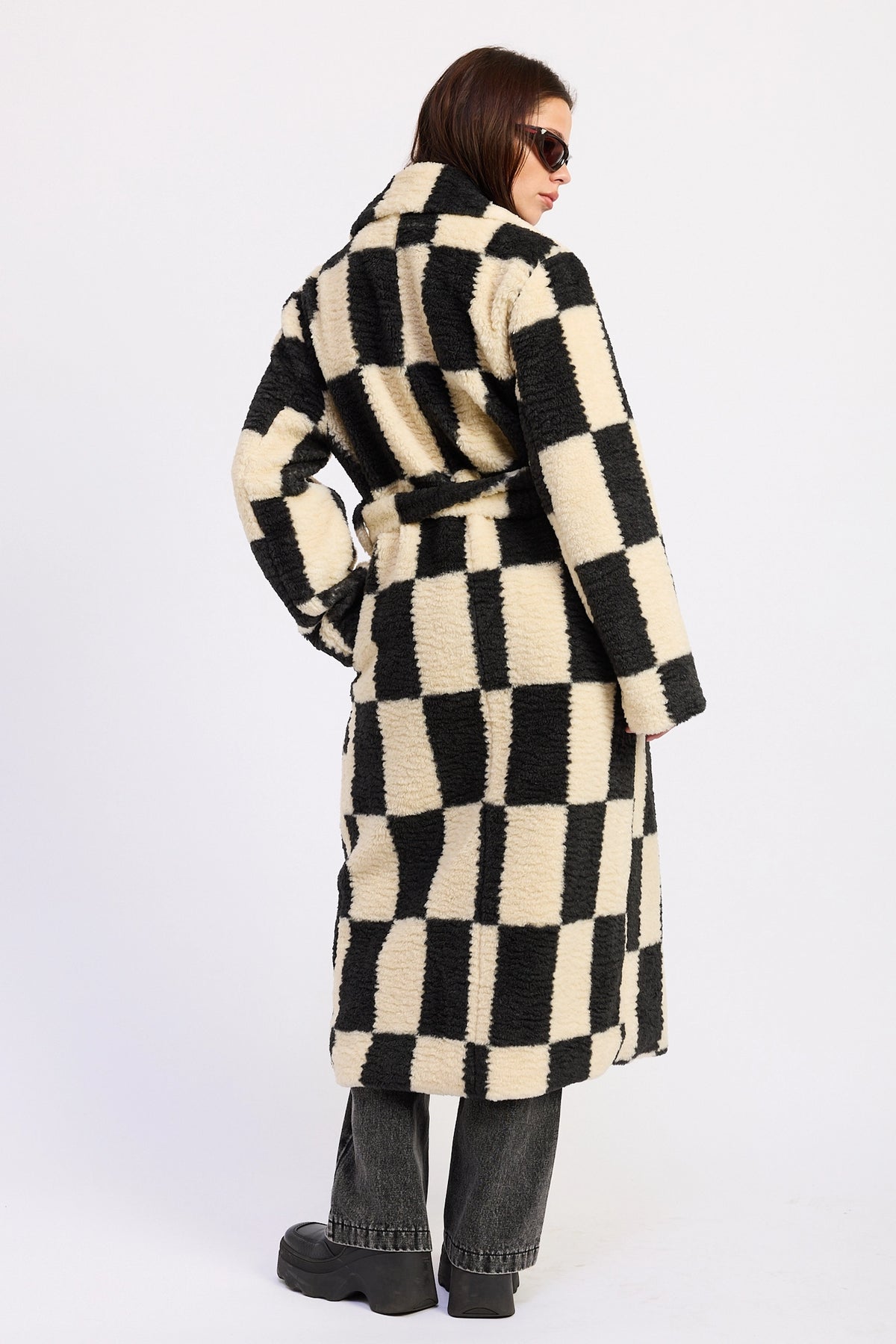 Checkered Faux Fur Coat