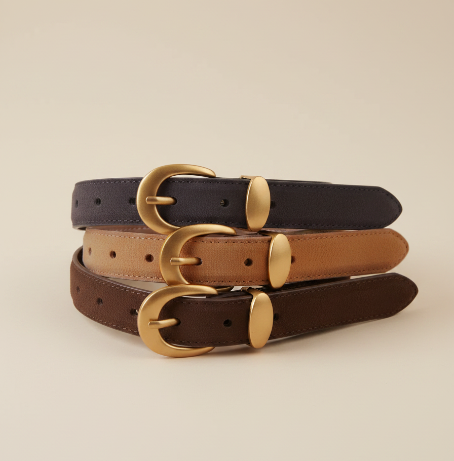 Suede Belt with Curved Gold Buckle | Chocolate