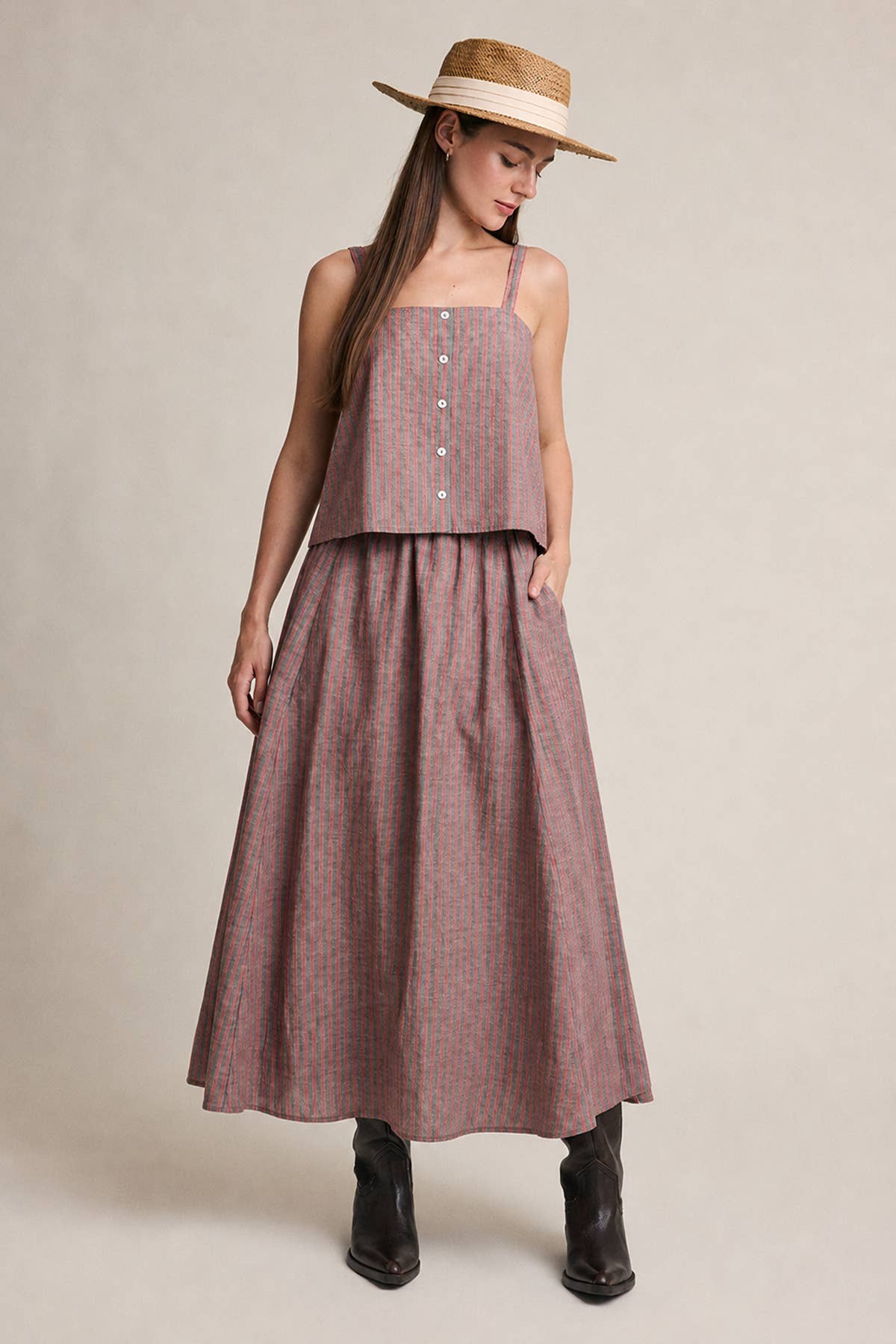 Striped Linen Midi Skirt | Red