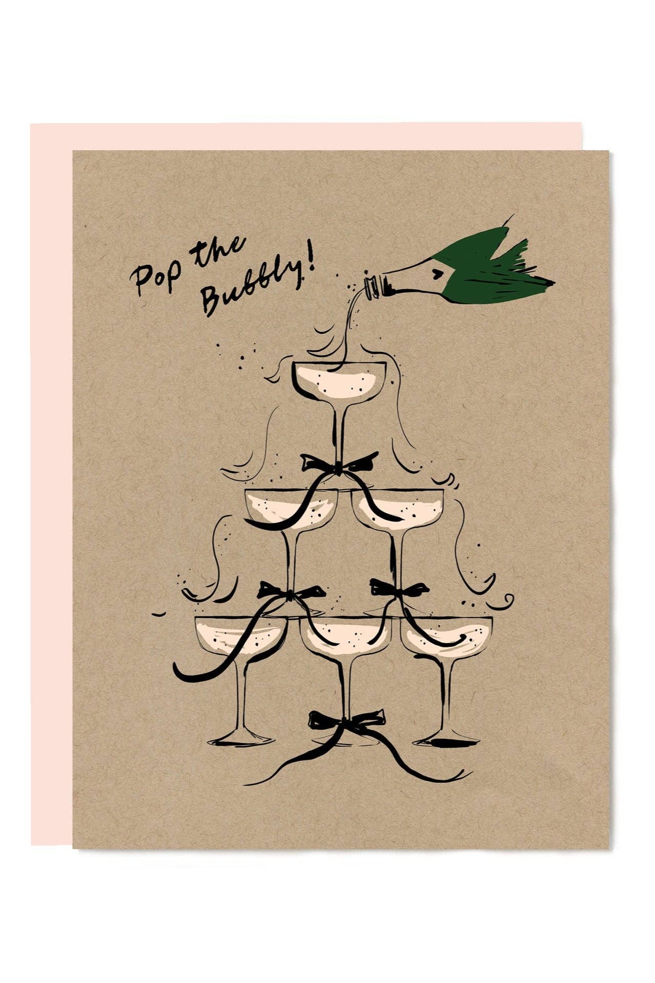 Greeting card with champagne glass illustration and 'Pop the Bubbly!' text on a brown background.