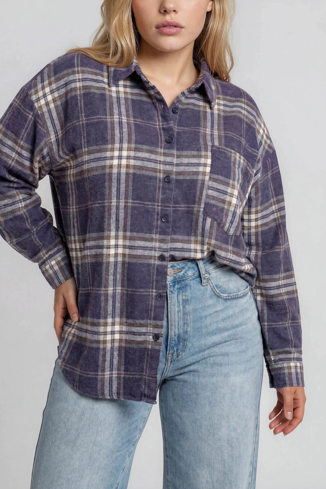 Boxy Plaid Button Up | Navy | Extended