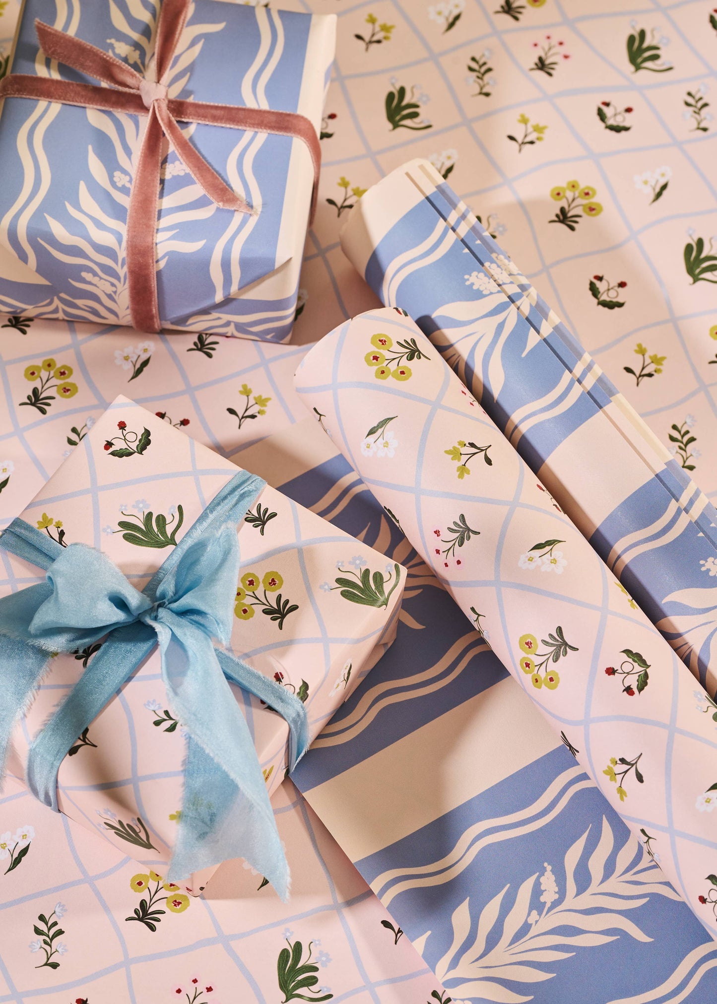 Floral Trellis and Blue Vine Stripe Double Sided Gift Wrap | Roll of 3 Sheets