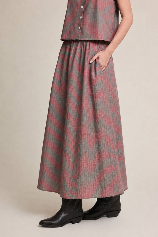 Striped Linen Midi Skirt | Red