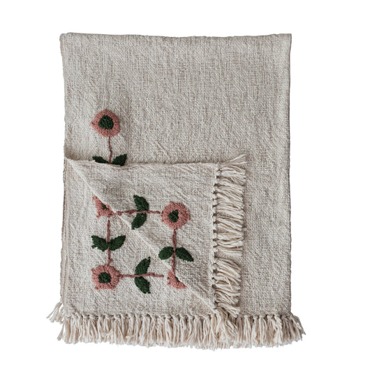 Cotton Slub Throw | Embroidered Floral