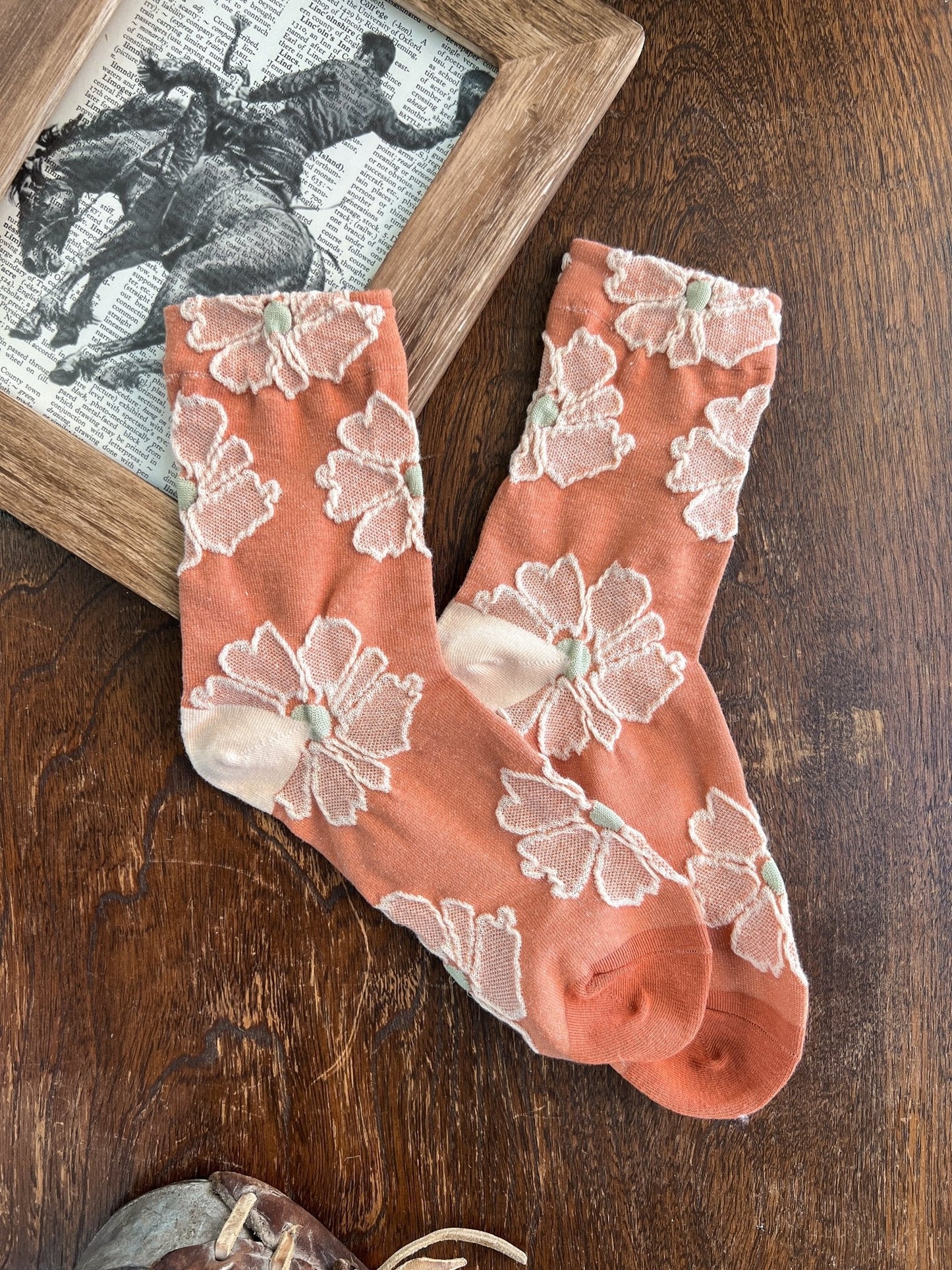 Floral Embossed Socks | Orange