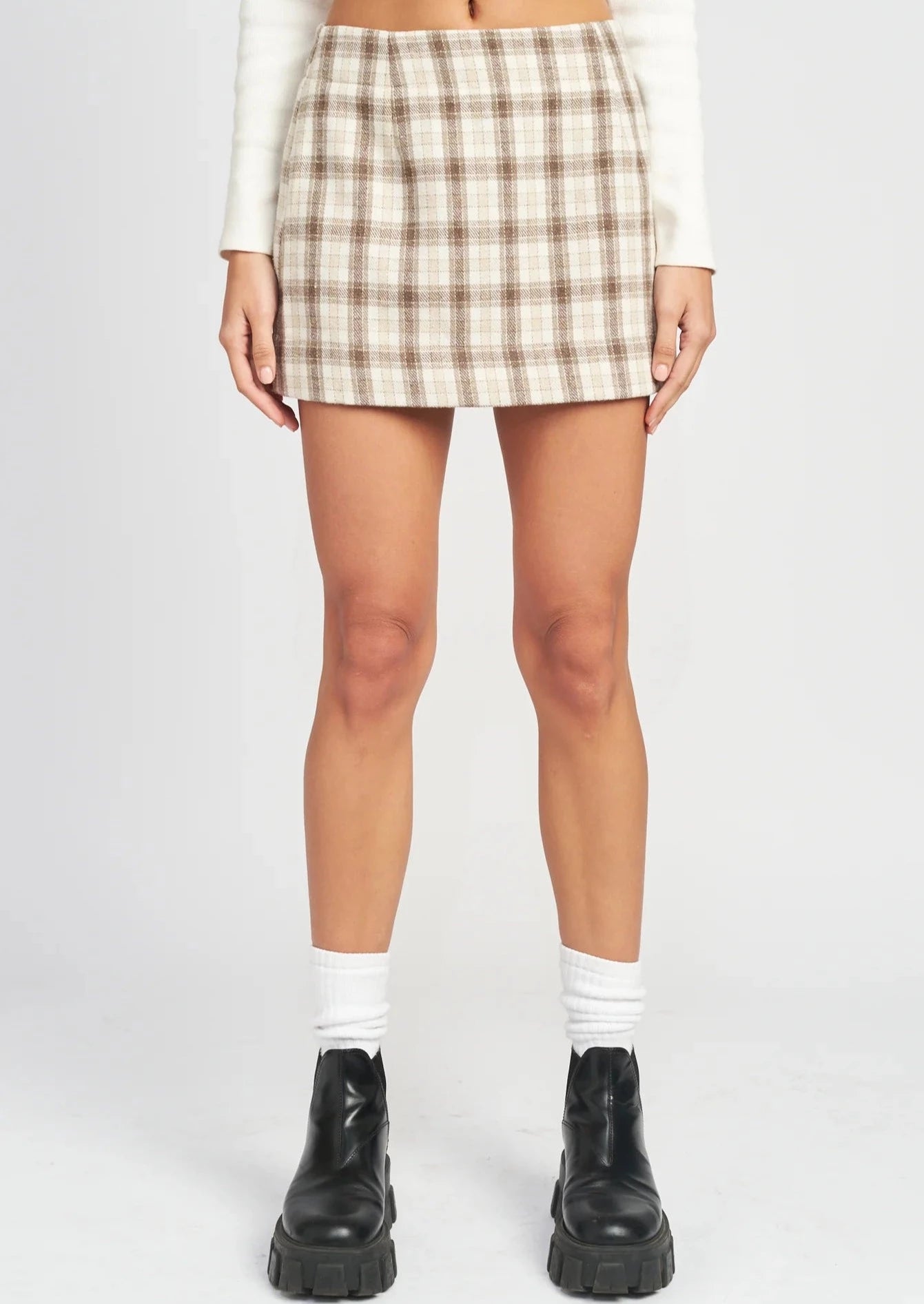 Ivory & Brown Plaid Mini Skirt