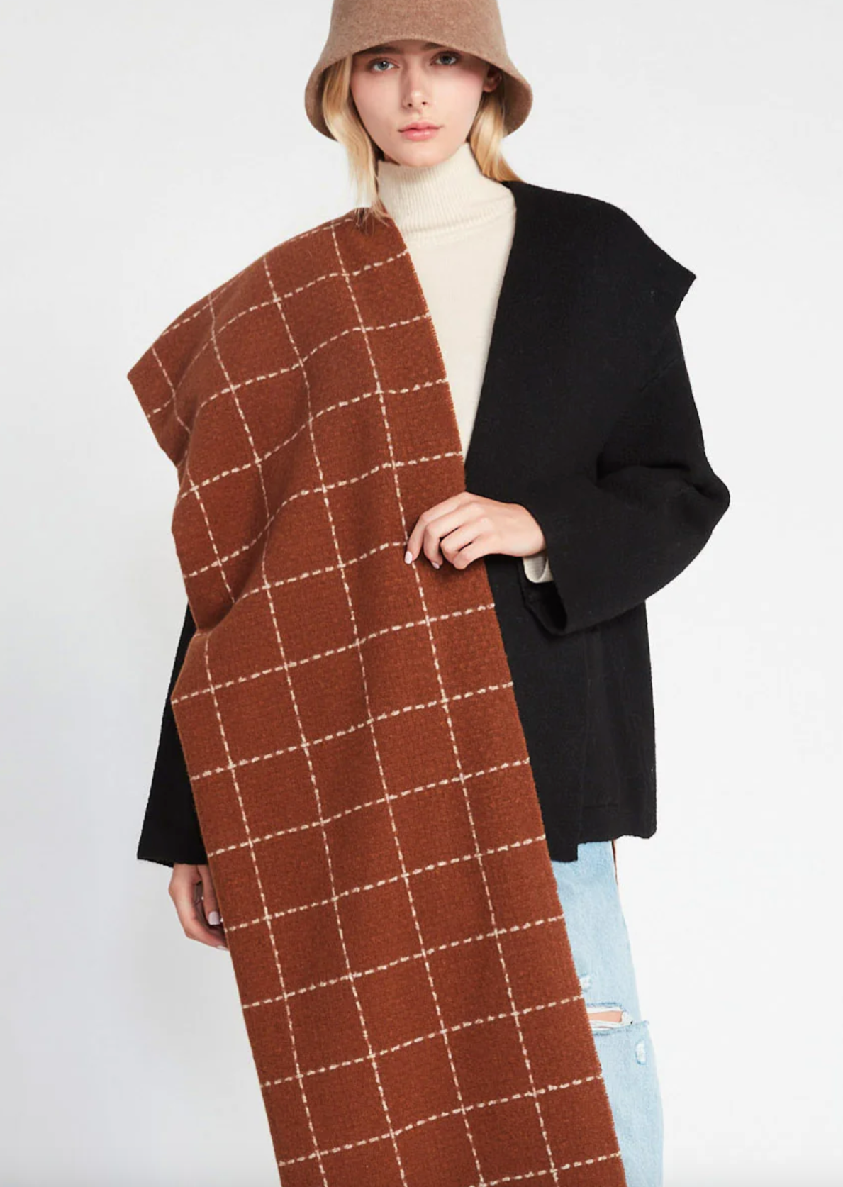 Windowpane Blanket Scarf | Brown