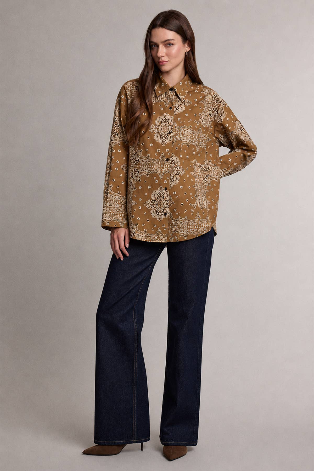 Golden Bandana Print Button-Up Shirt