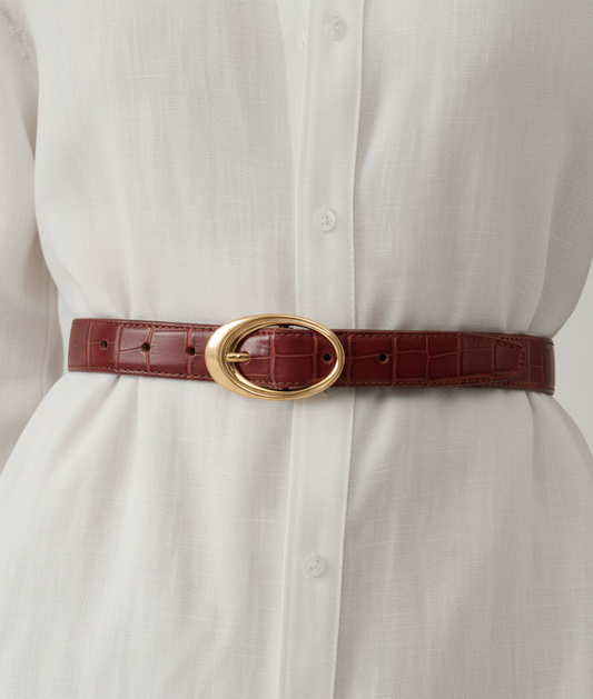 Croco Belt with Oval Buckle | Burgundy