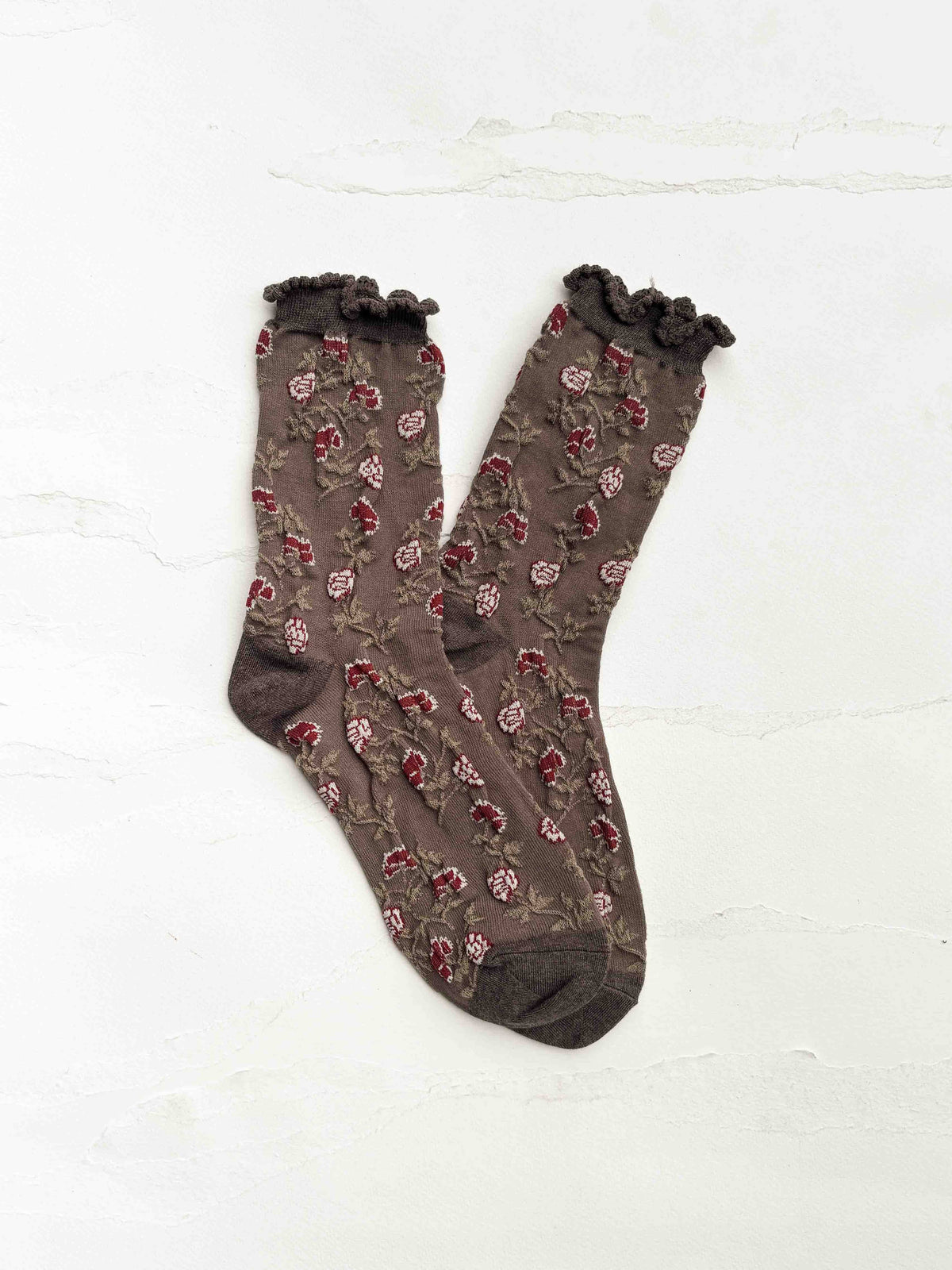 Rose Floral Ruffle Socks | Brown