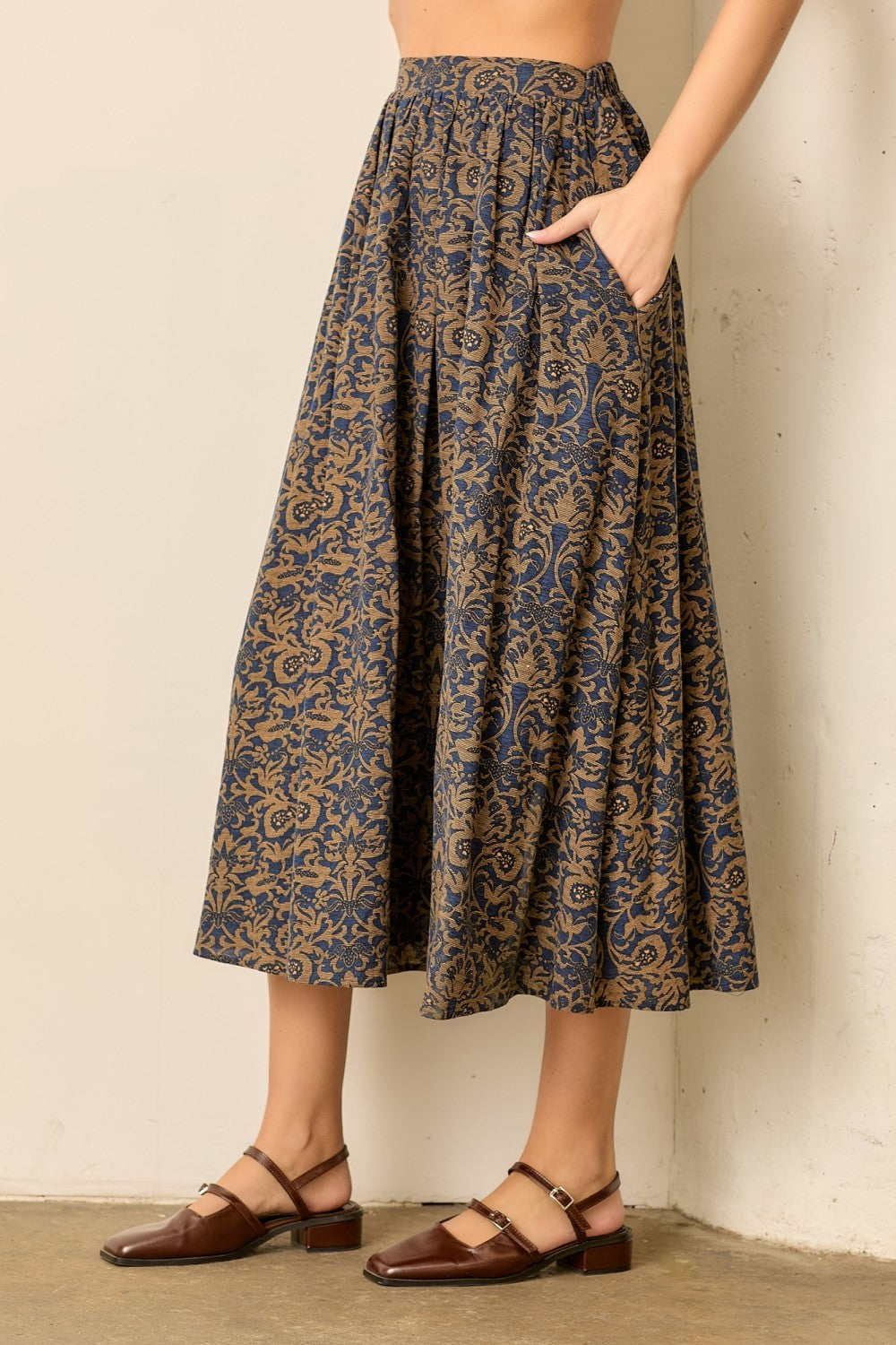 Navy Tapestry Midi Skirt