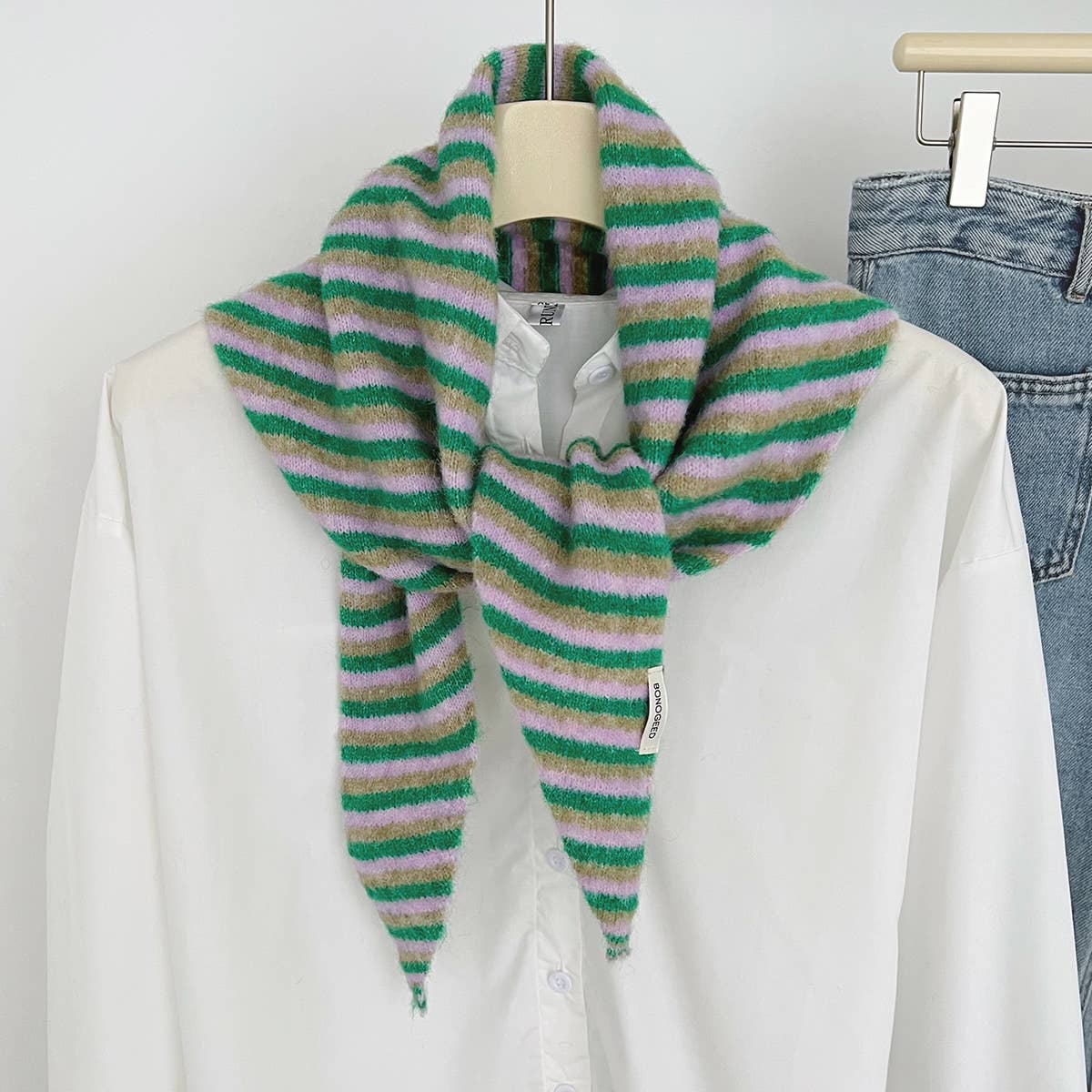 Soft Knit Triangle Scarf | Green Stripe