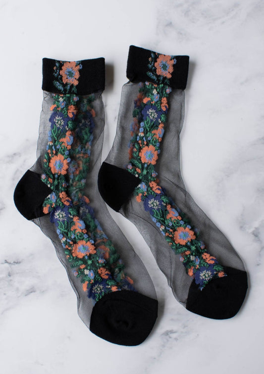 Mesh Floral Socks | Black