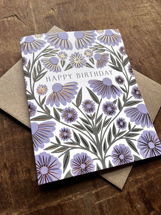 Purple Florals Happy Birthday Card