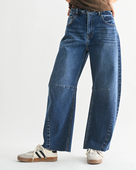 High Rise Barrel Leg Denim | Dark Wash