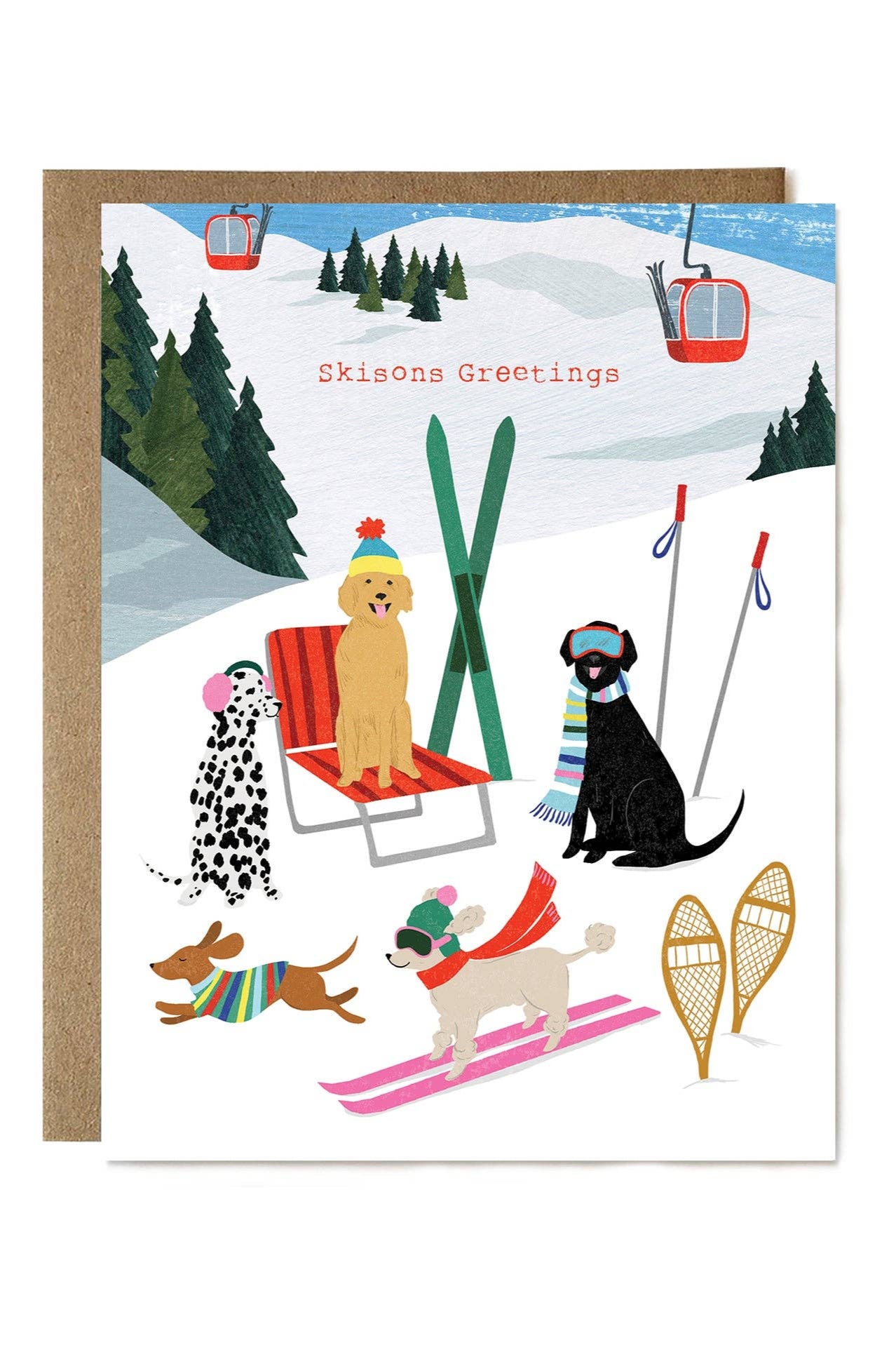 Card with skiing dogs illustration and 'Skisions Greetings' text on a snowy mountain background.