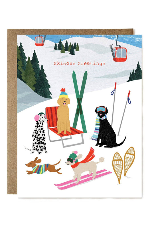 Card with skiing dogs illustration and 'Skisions Greetings' text on a snowy mountain background.