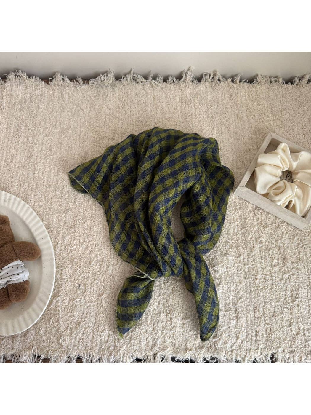 Checkered Bandana Scarf | Green + Navy