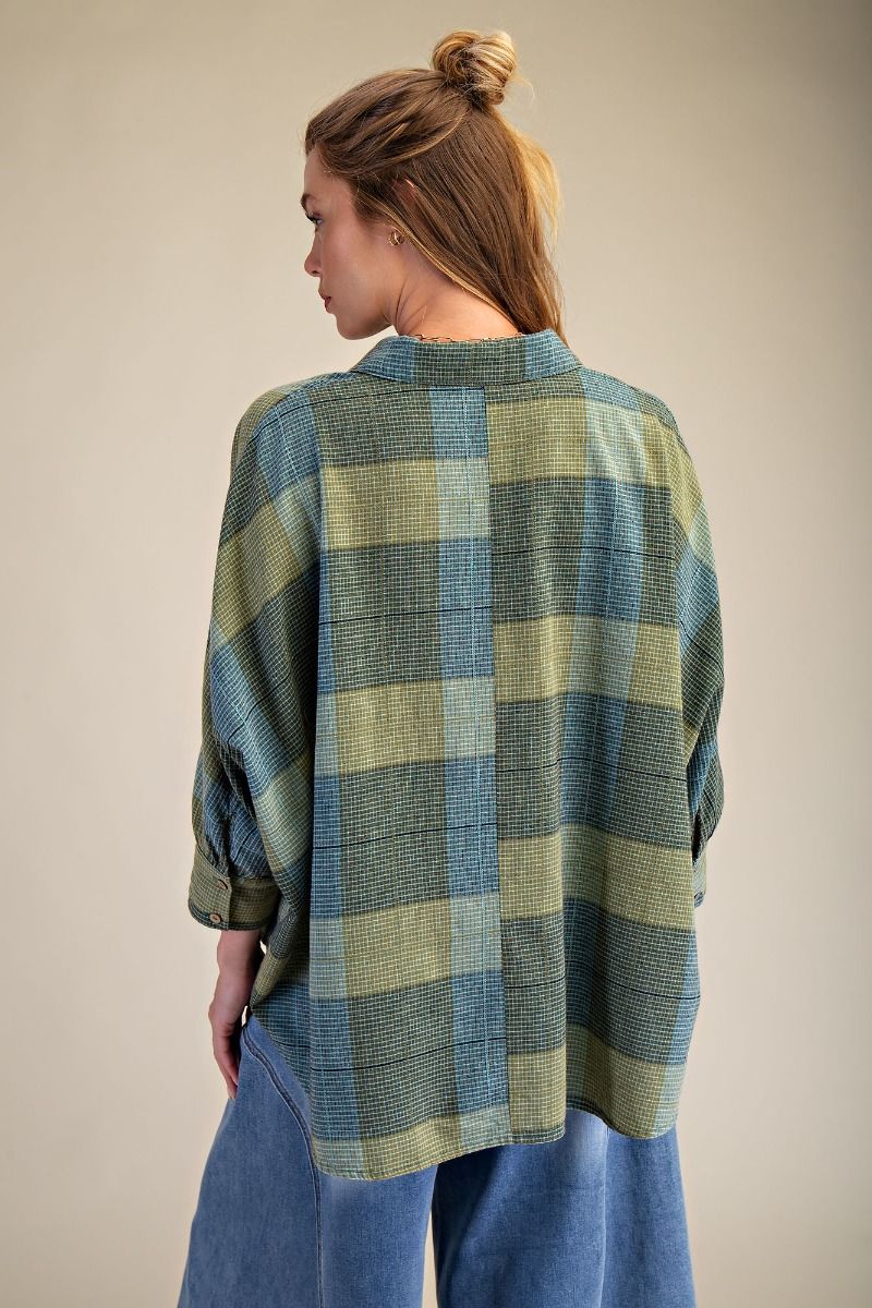 Oversized Dolman Sleeve Plaid Shirt | Teal Green | Extended