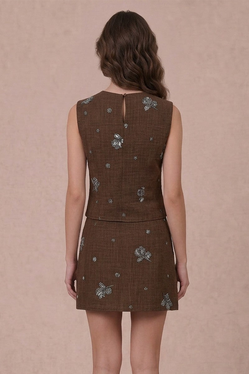 Quinn Embroidered + Beaded Mini Skirt | Brown