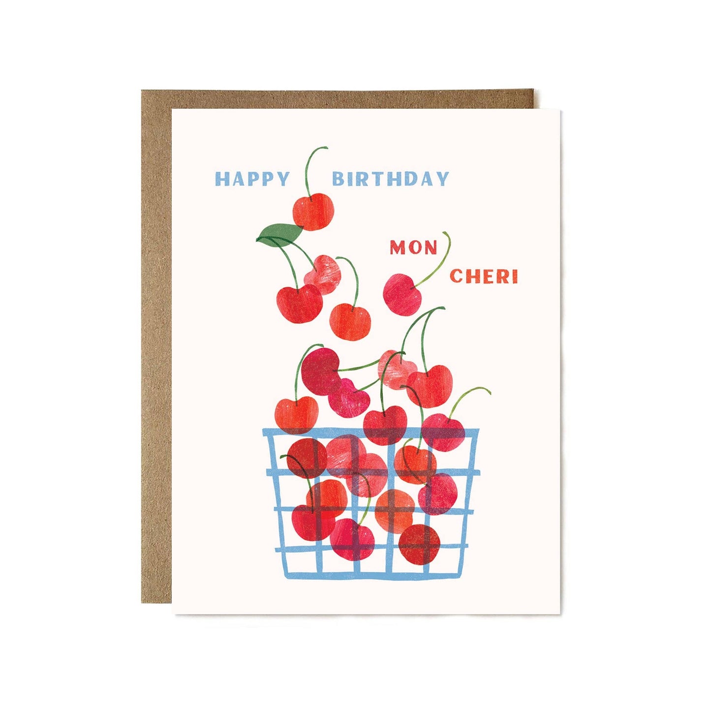Birthday card with cherries and 'Happy Birthday Mon Cheri' text on a white background