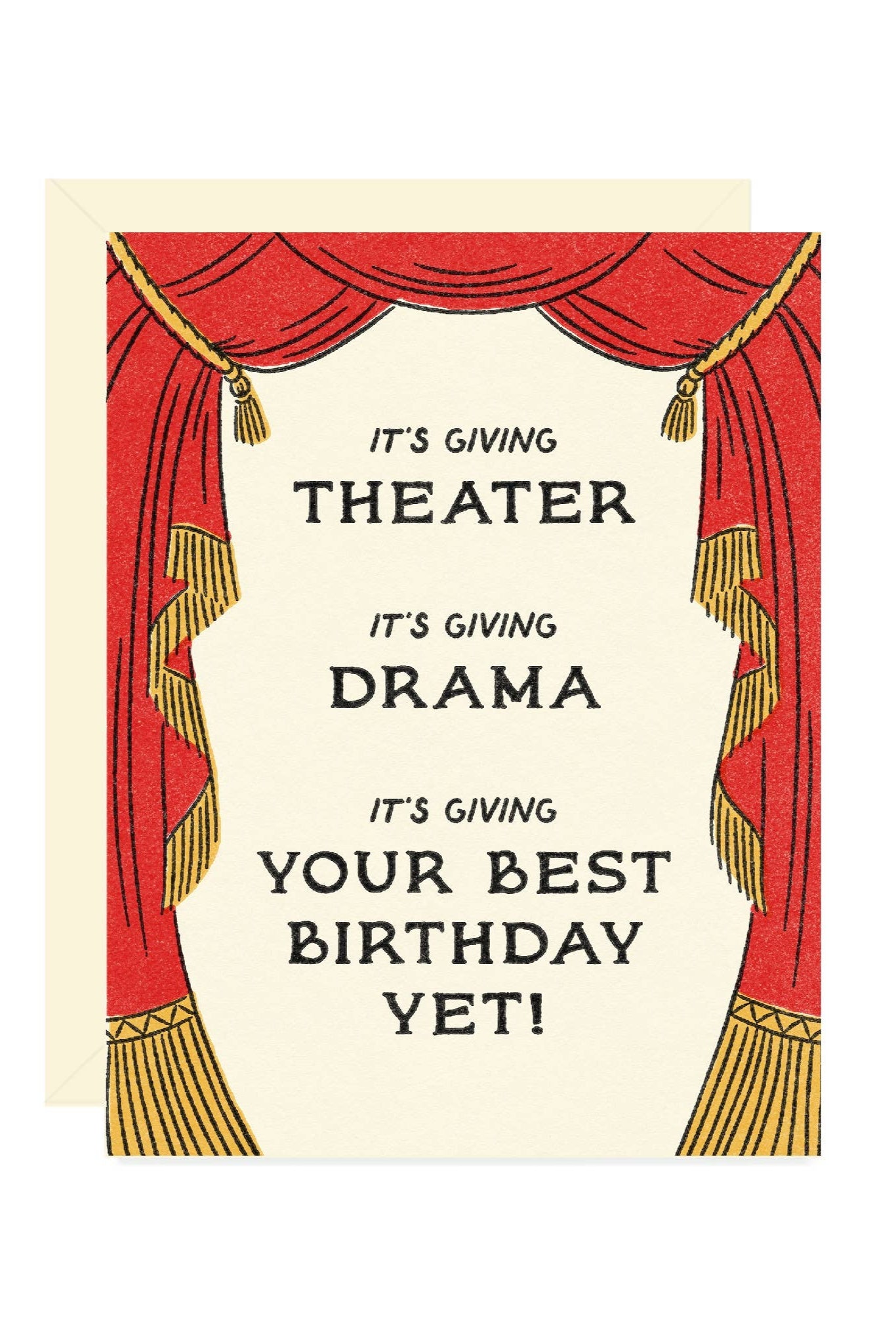 Card with red theater curtain design and humorous birthday message.