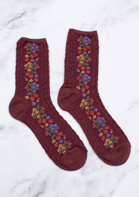 Vintage Strawberry Socks | Burgundy