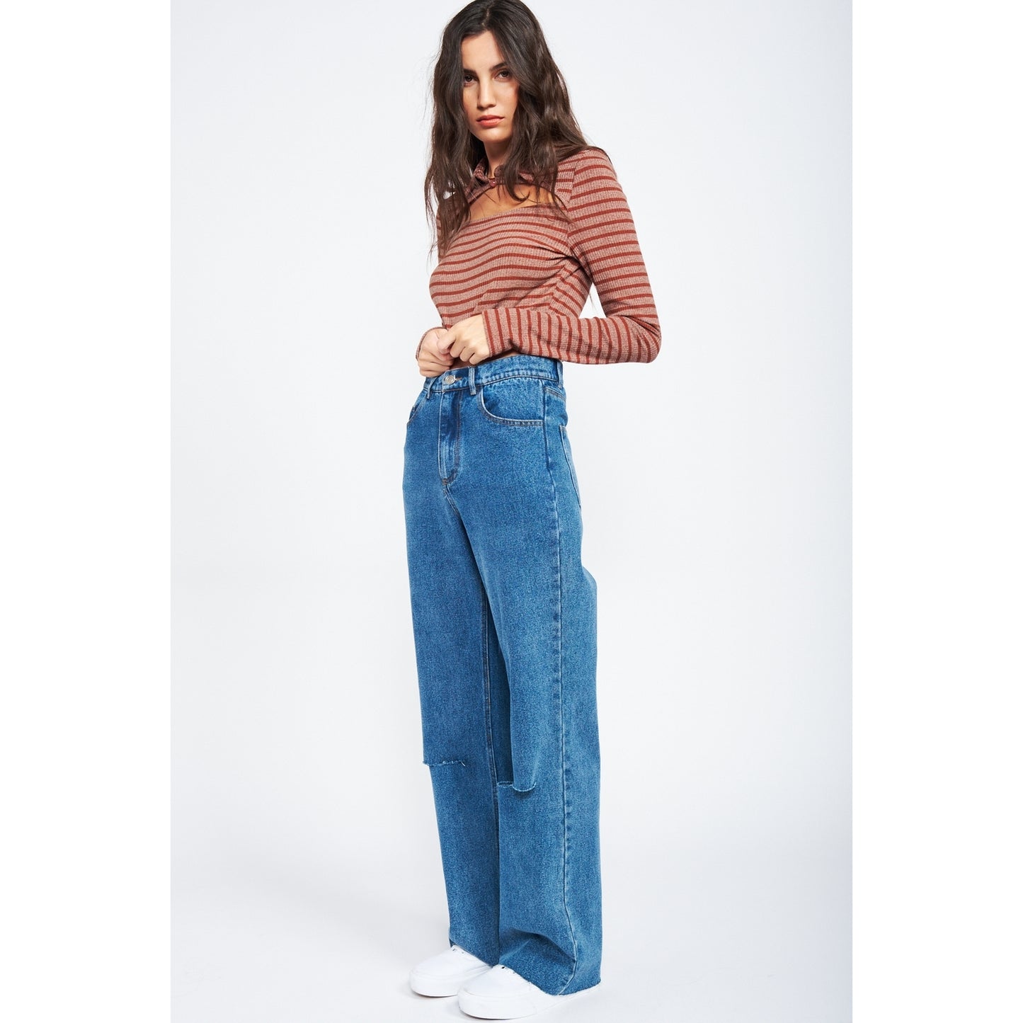 Wide Leg Denim with Ripped Knee