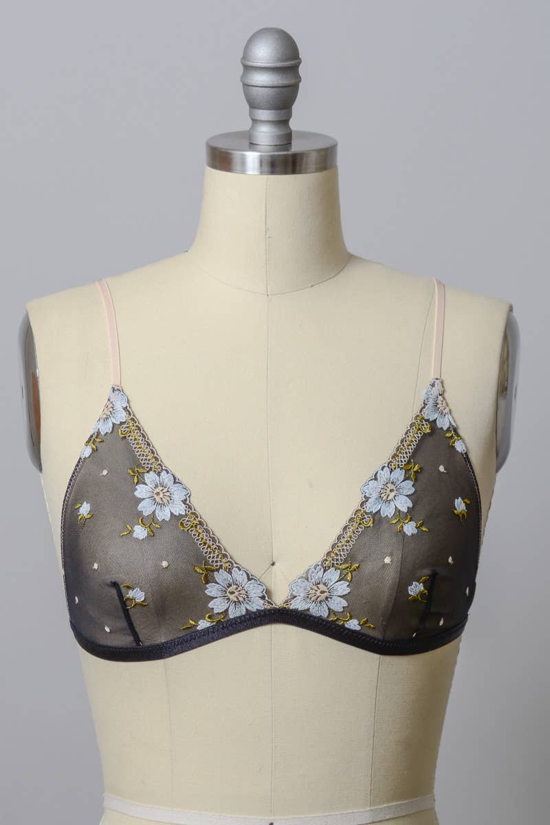 Floral Embroidered Mesh Bralette | Black