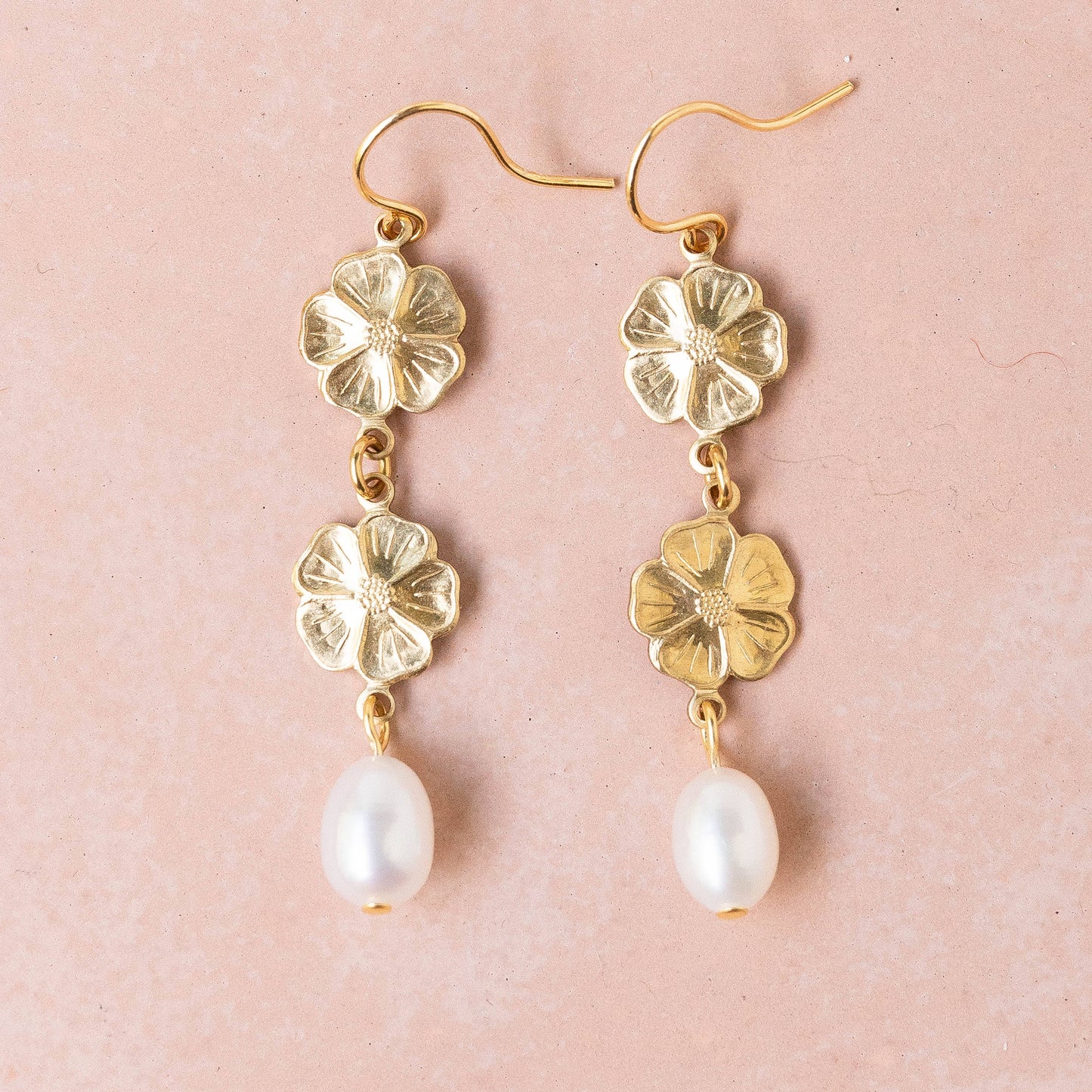 Pearl and Two Flower Dangle Earrings