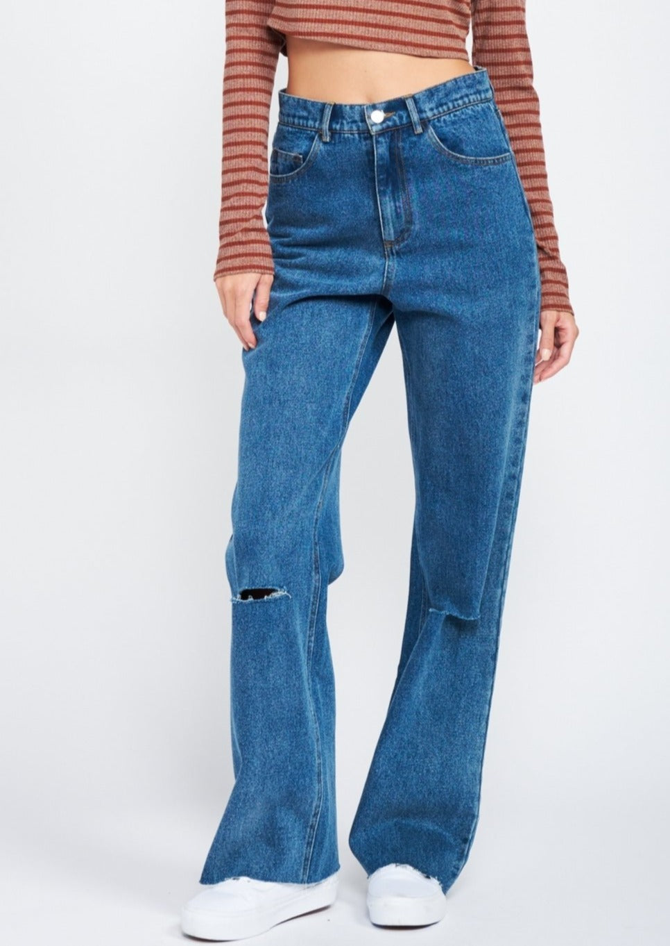 Wide Leg Denim with Ripped Knee