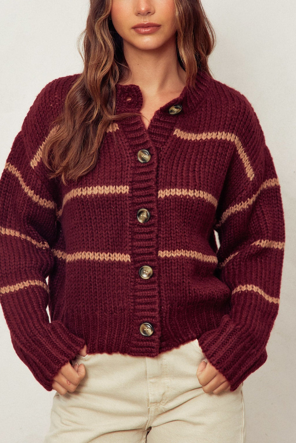 Oxford Striped Cardigan | Sangria + Taupe