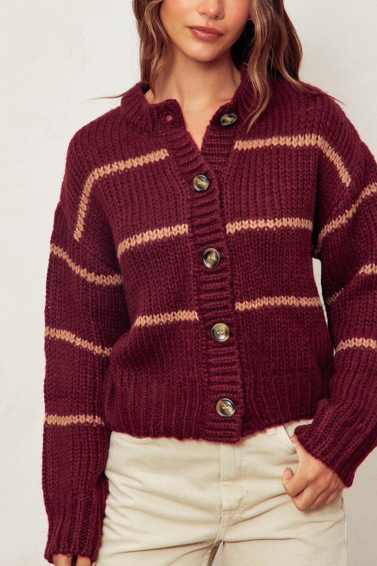 Oxford Striped Cardigan | Sangria + Taupe
