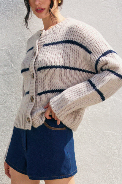 Oxford Striped Cardigan | Sea Shell + Navy