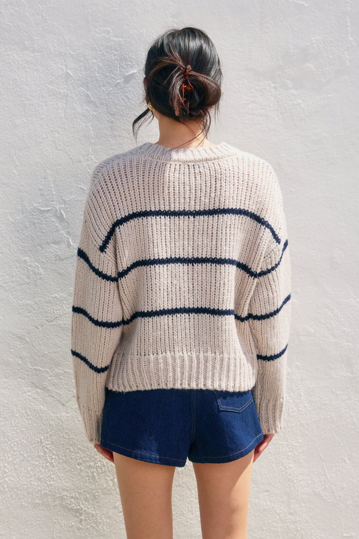 Oxford Striped Cardigan | Sea Shell + Navy
