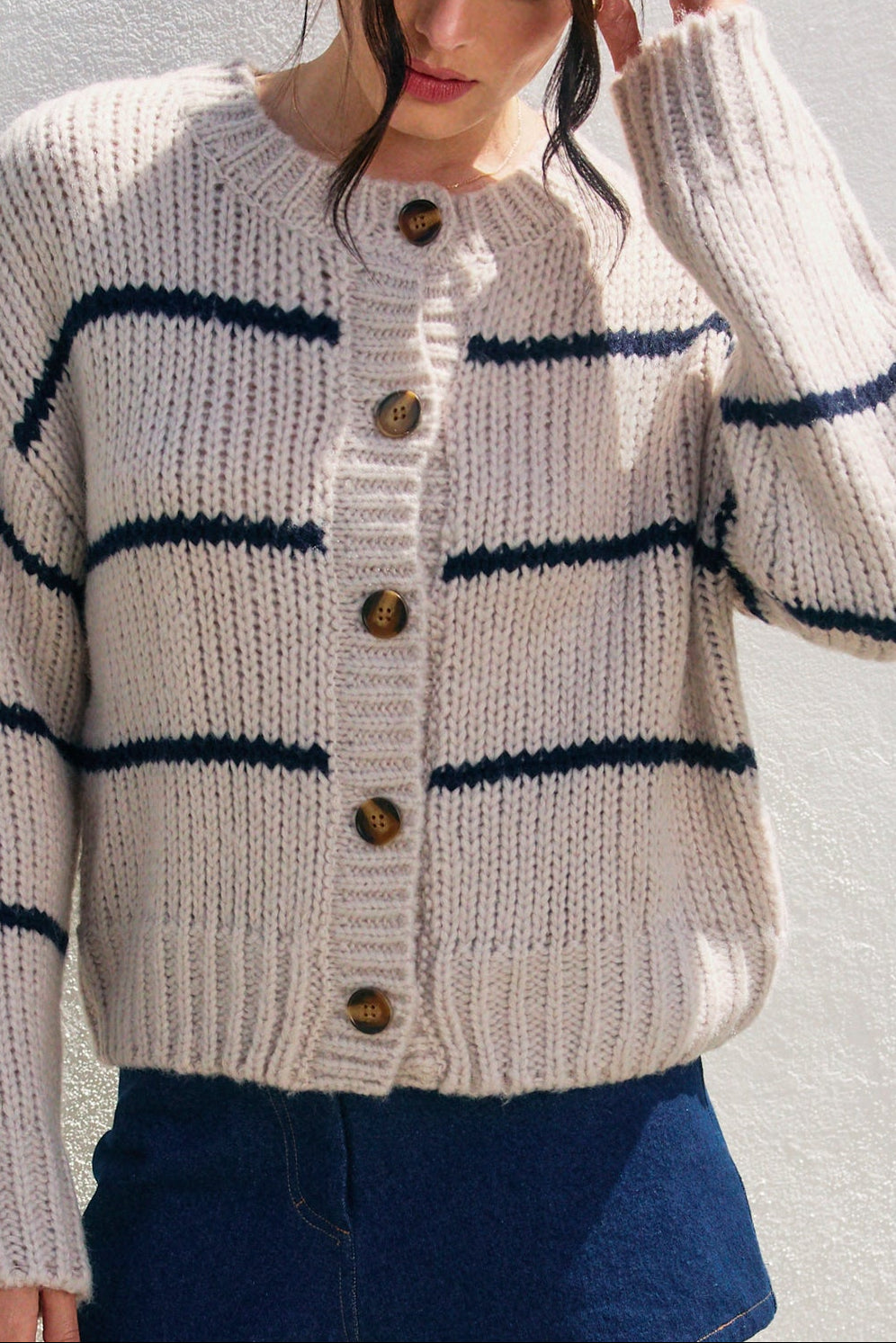 Oxford Striped Cardigan | Sea Shell + Navy