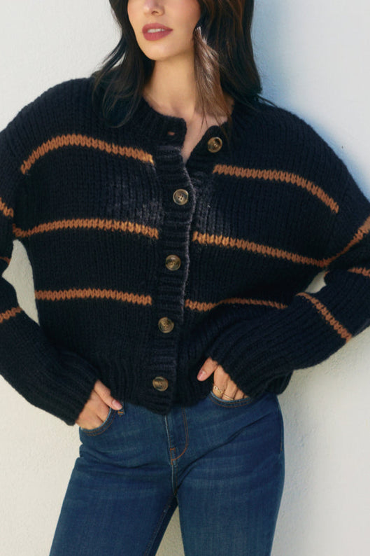 Oxford Striped Cardigan | Navy + Mocha