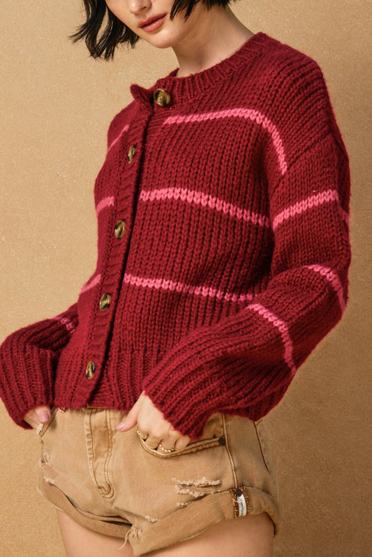 Oxford Striped Cardigan | Burgundy + Pink