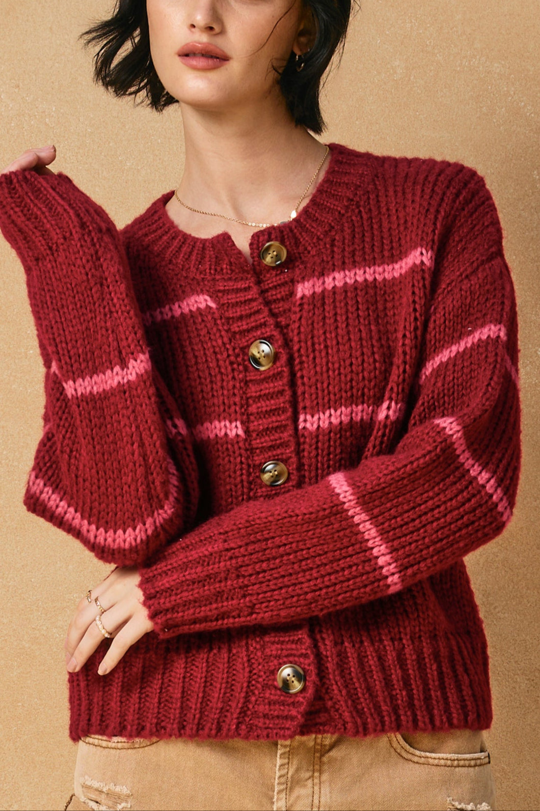 Oxford Striped Cardigan | Burgundy + Pink