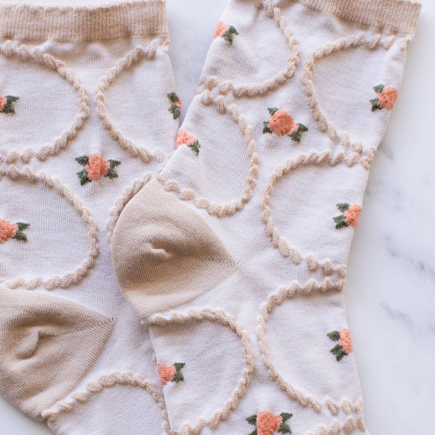 Floral Circle Stitch Socks | Beige + Coral