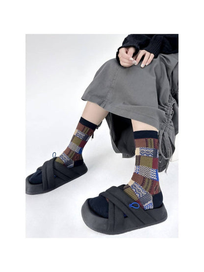 Mixed Plaid Crew Socks | Black