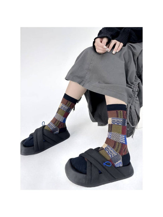 Mixed Plaid Crew Socks | Black
