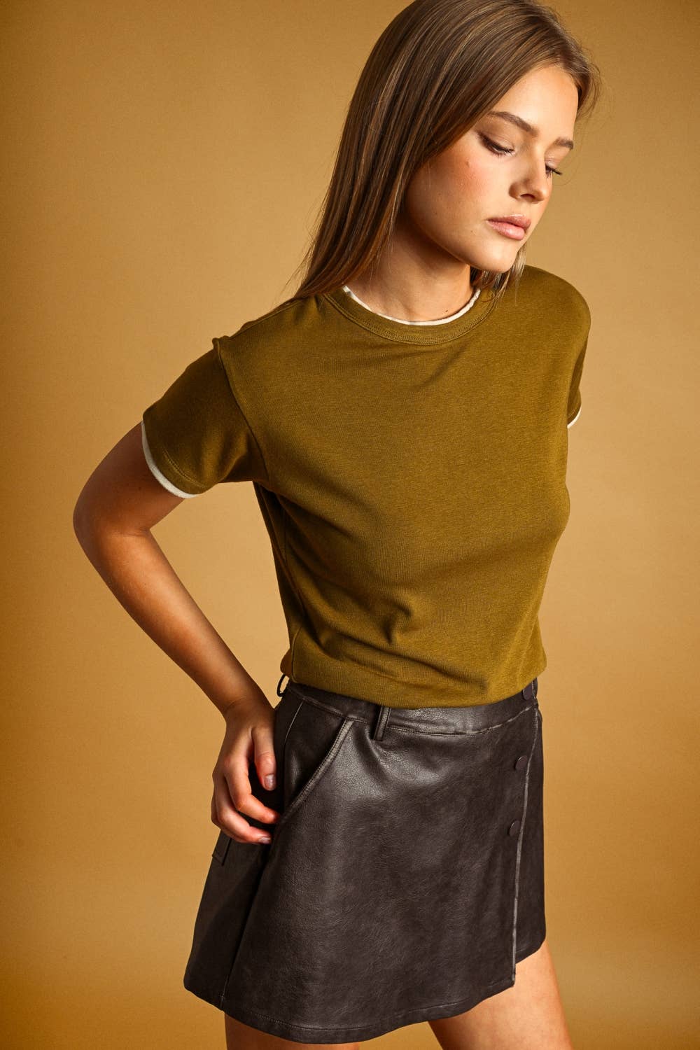 Double Layer Tee | Green Olive + Beige
