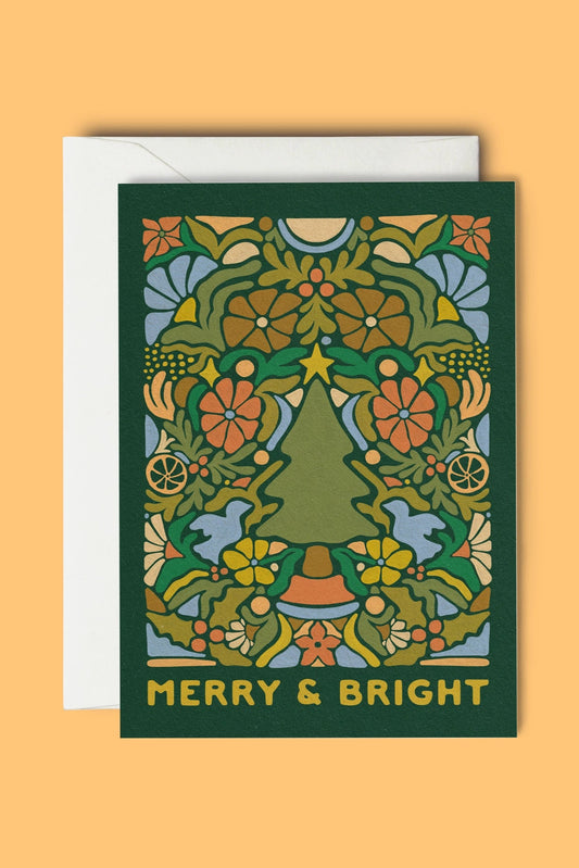 Decorative Christmas card with a green border and 'Merry & Bright' text on an orange background