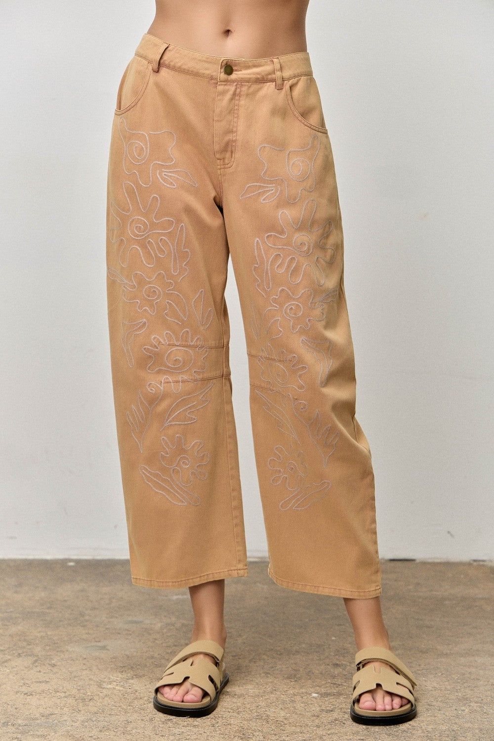 Embroidered Twill Barrel Pants | Camel