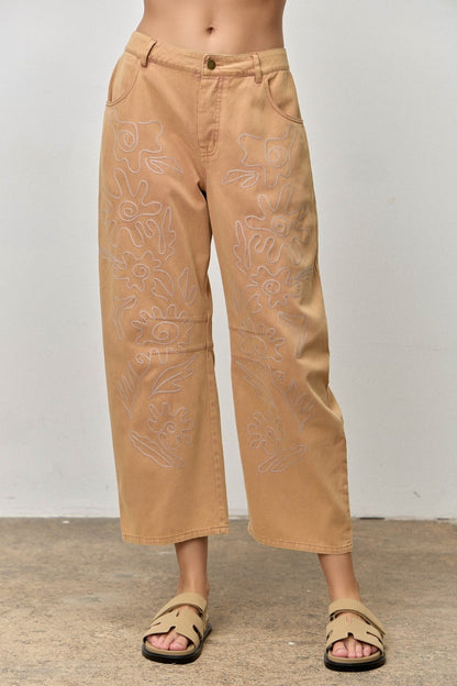 Embroidered Twill Barrel Pants | Camel