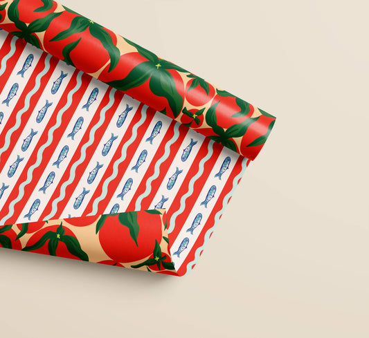 Squiggle Sardine Stripe & Tomato Double Sided Gift Wrap | Roll of 3 Sheets