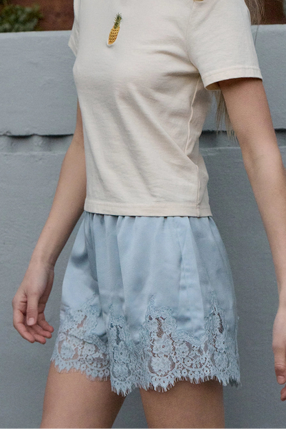 Lace Trim Satin Shorts | Blue