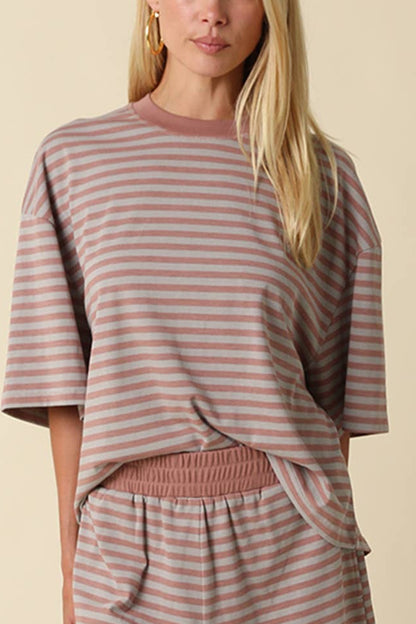 Lena Striped Relaxed Tee | Grey + Mauve