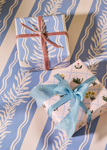 Floral Trellis and Blue Vine Stripe Double Sided Gift Wrap | Roll of 3 Sheets